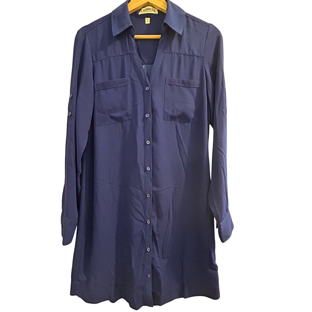 Express Portofino Shirt Dress Womens Small‎ Royal Blue Roll Tab Long Sleeve Mini
